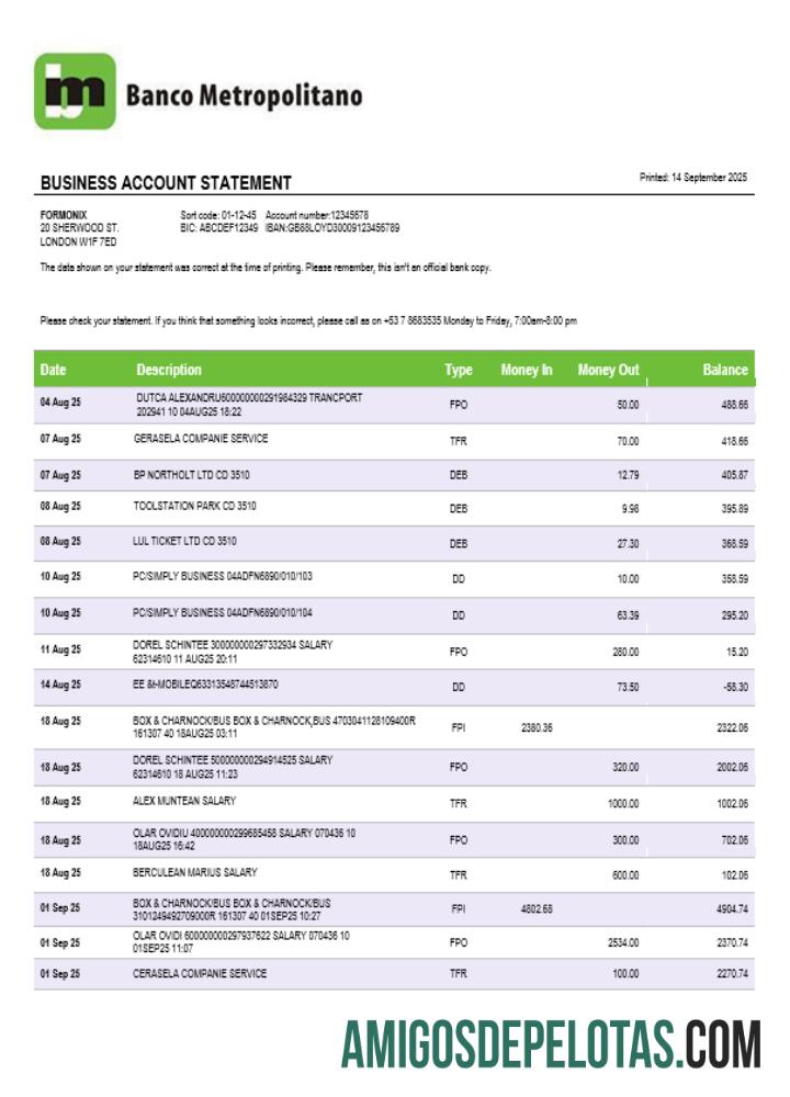 Imprimível Banco Metropolitano Organização Banco Metropolitano Extrato de conta corrente modelo Word e PDF